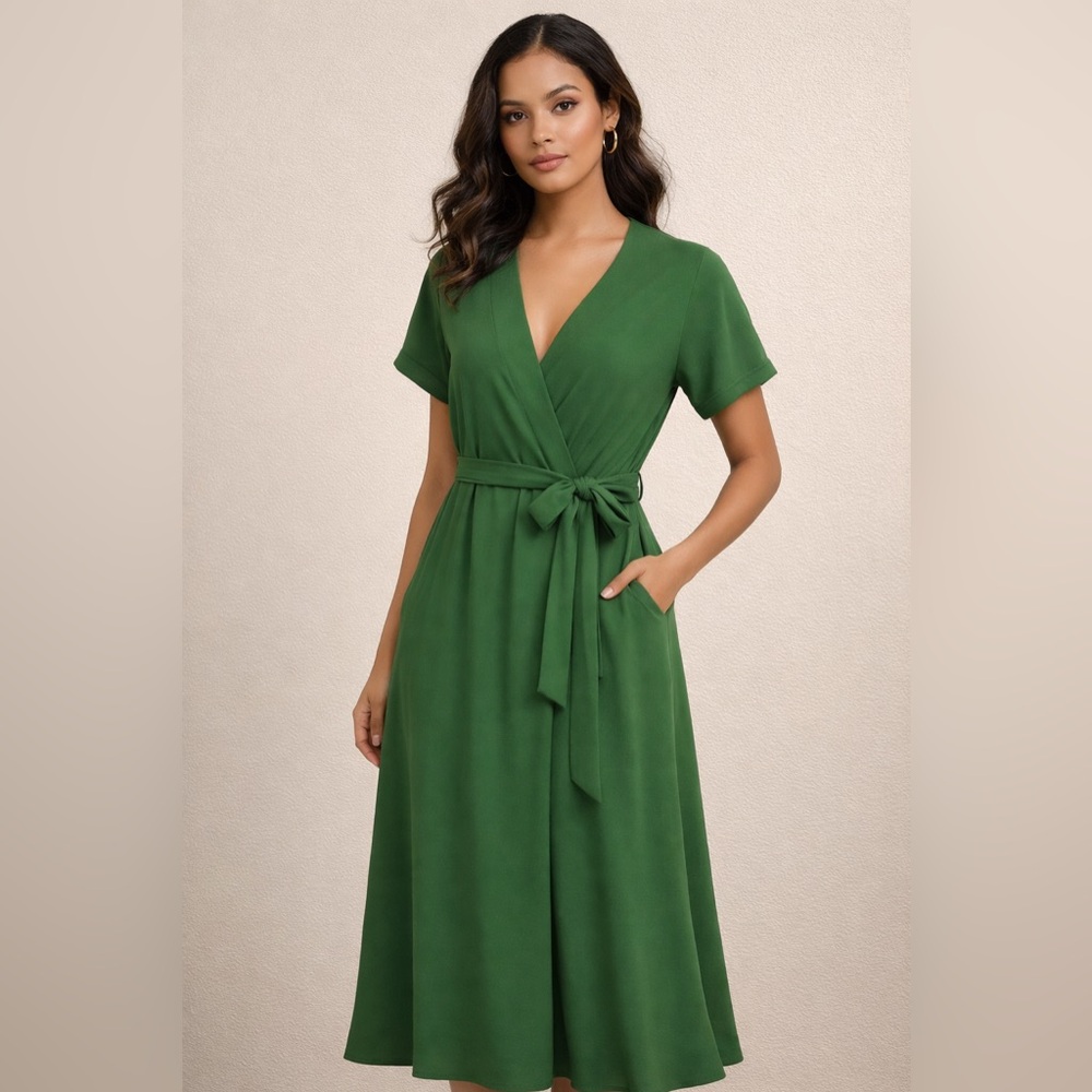 Green Wrap Midi Dress with Tie Waist - Women
